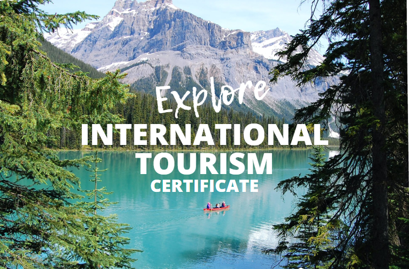 Mountains, trees, a nice body of water, people on a small boat with International Tourism Certificate on it